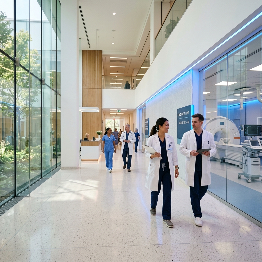 Modern hospital corridor with medical professionals